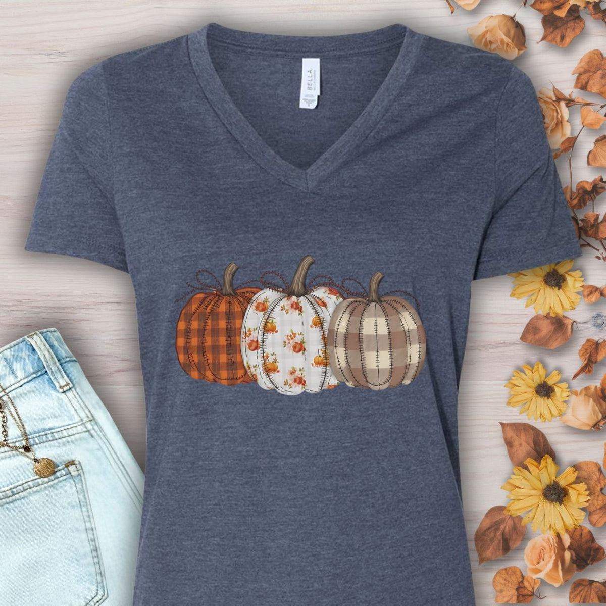 Rustic Fall Plaid Pumpkins V-Neck Tee