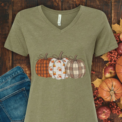 Rustic Fall Plaid Pumpkins V-Neck Tee