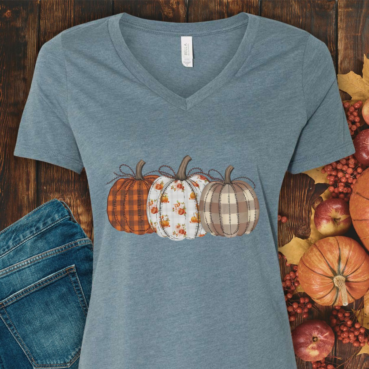 Rustic Fall Plaid Pumpkins V-Neck Tee