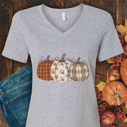Rustic Fall Plaid Pumpkins V-Neck Tee
