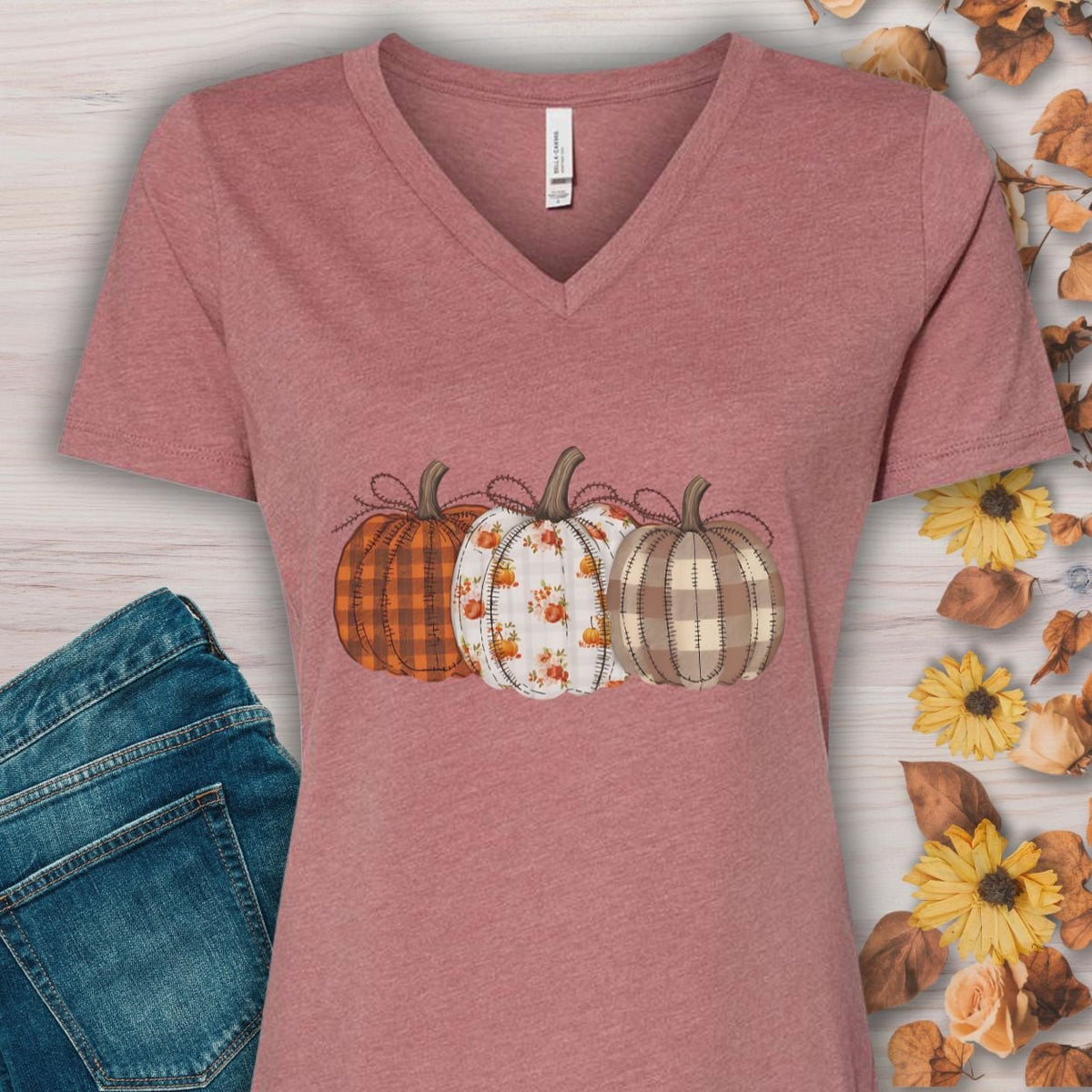 Rustic Fall Plaid Pumpkins V-Neck Tee