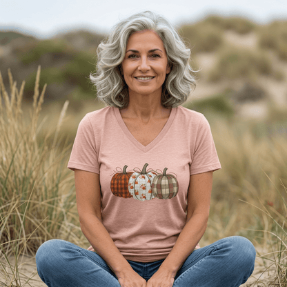 Rustic Fall Plaid Pumpkins V-Neck Tee