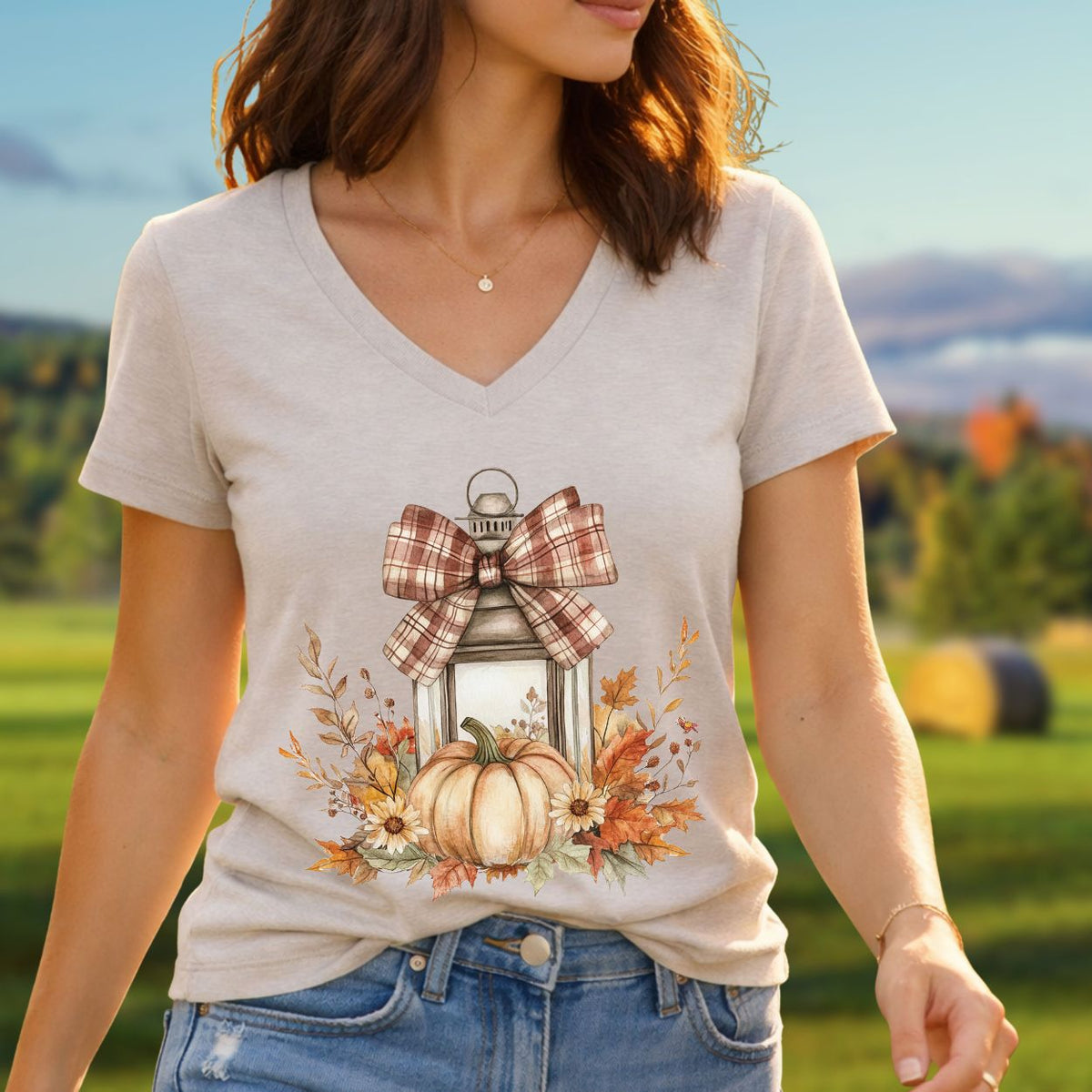 Autumn Lantern & Pumpkin V-Neck Tee
