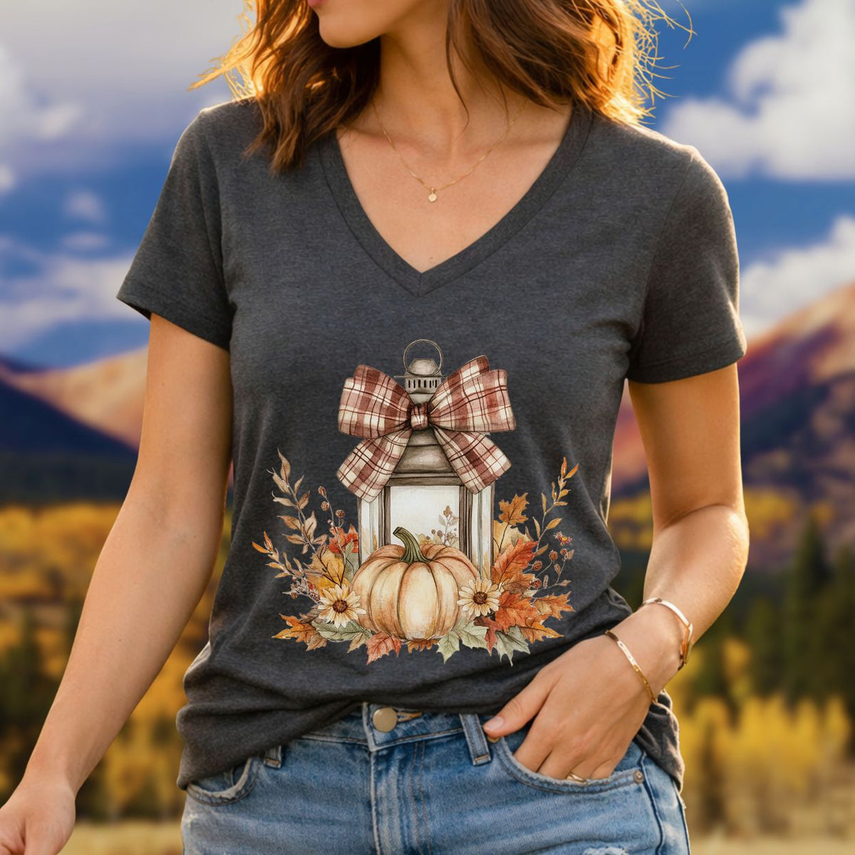 Autumn Lantern & Pumpkin V-Neck Tee