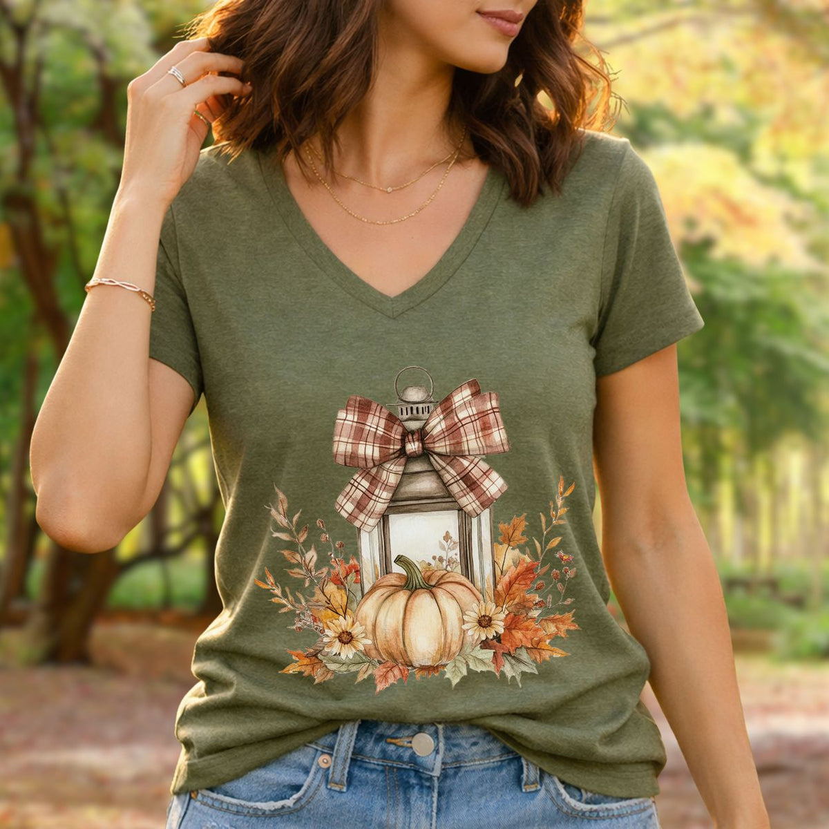 Autumn Lantern & Pumpkin V-Neck Tee