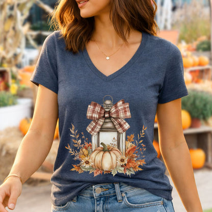 Autumn Lantern & Pumpkin V-Neck Tee