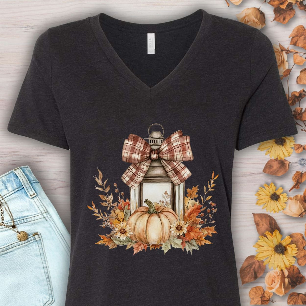 Autumn Lantern & Pumpkin V-Neck Tee