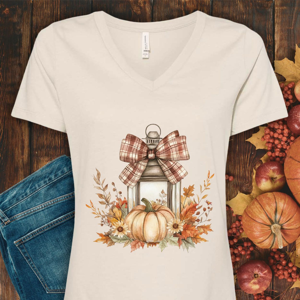 Autumn Lantern & Pumpkin V-Neck Tee