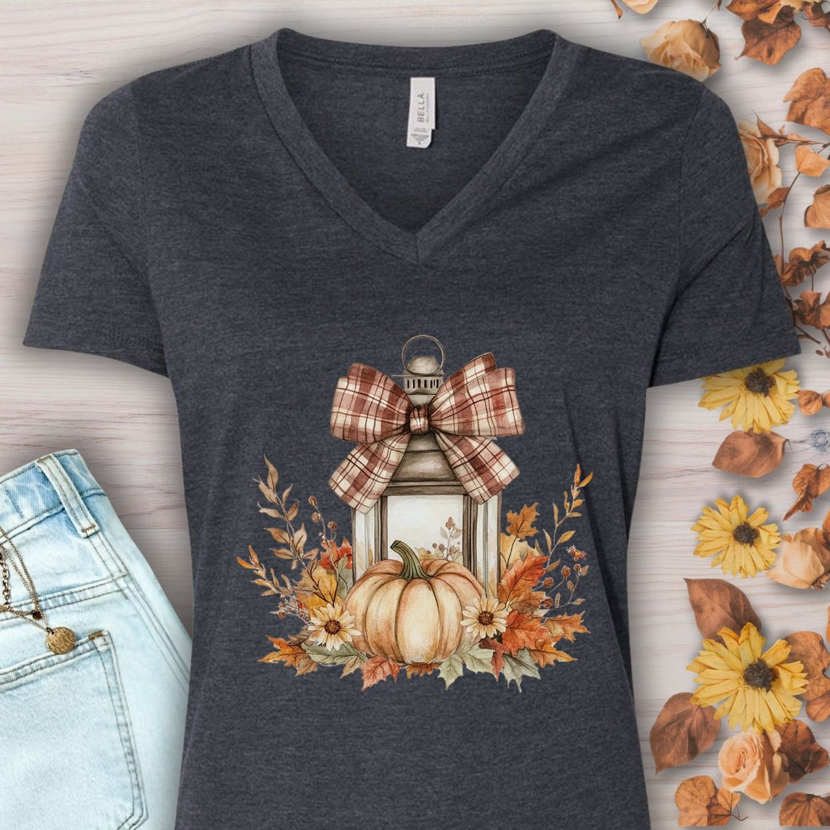 Autumn Lantern & Pumpkin V-Neck Tee