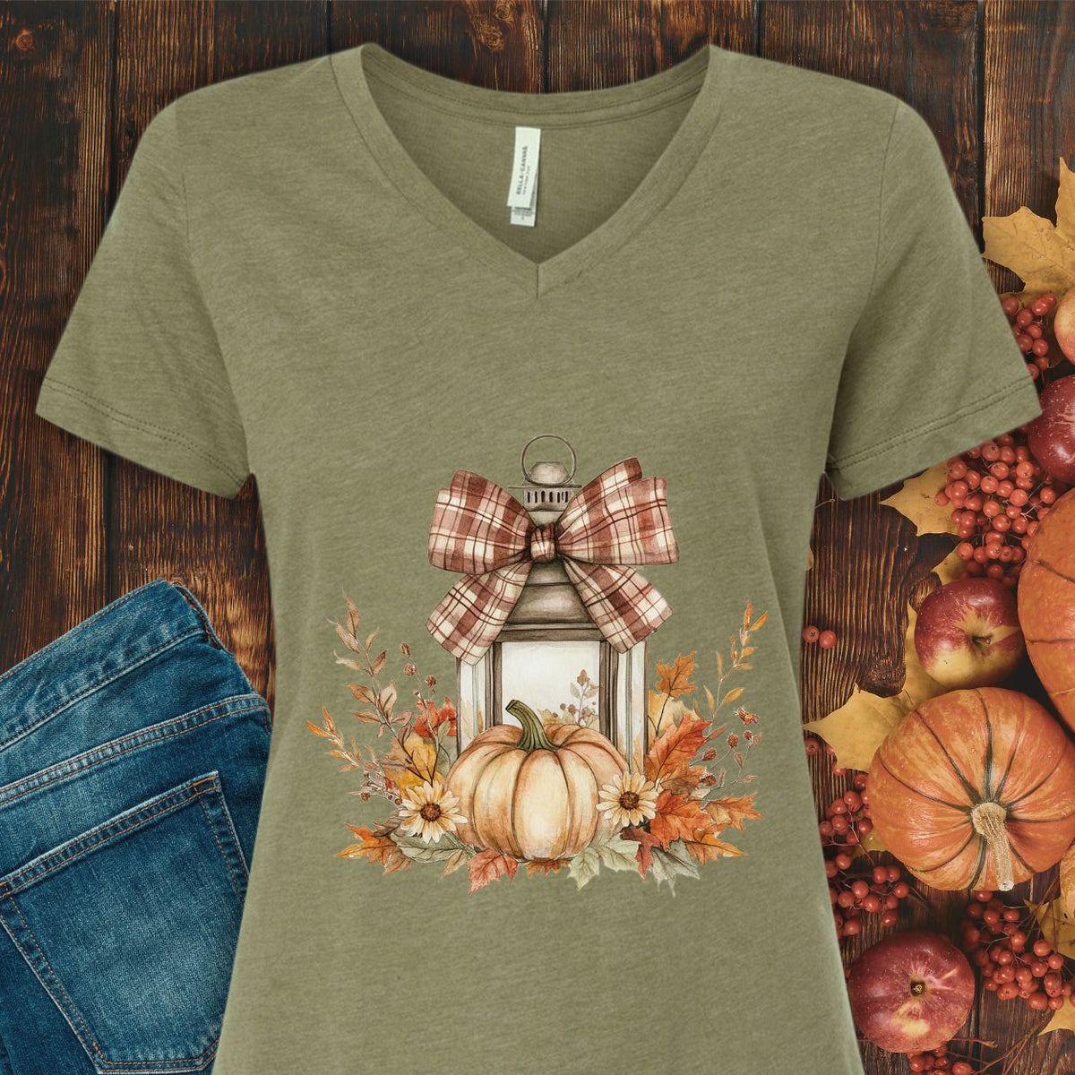Autumn Lantern & Pumpkin V-Neck Tee