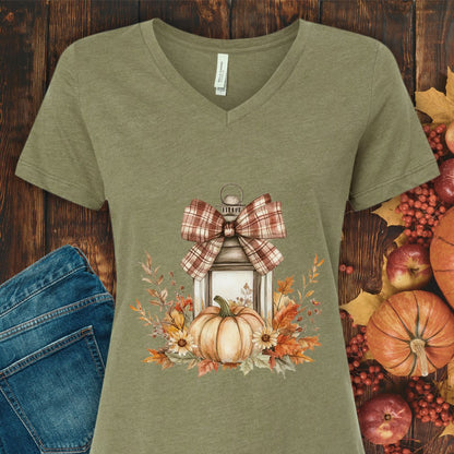 Autumn Lantern & Pumpkin V-Neck Tee