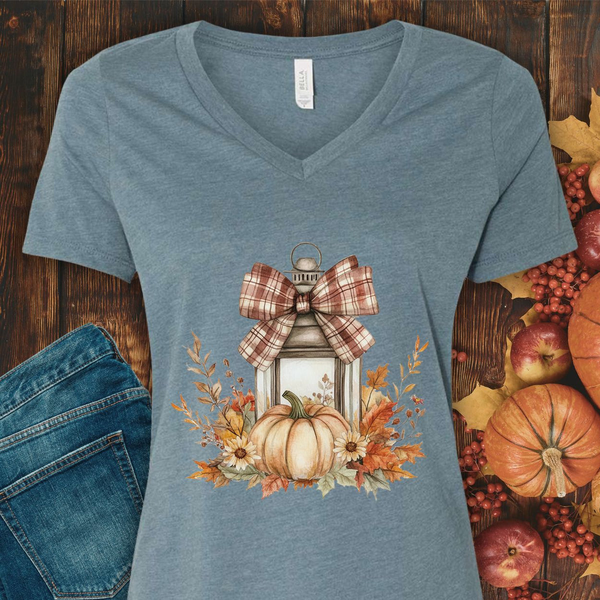 Autumn Lantern & Pumpkin V-Neck Tee