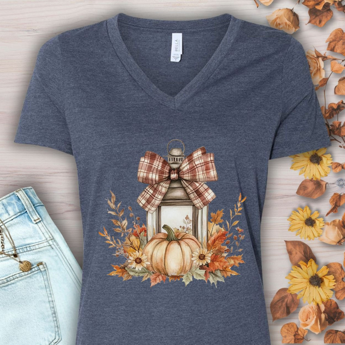 Autumn Lantern & Pumpkin V-Neck Tee