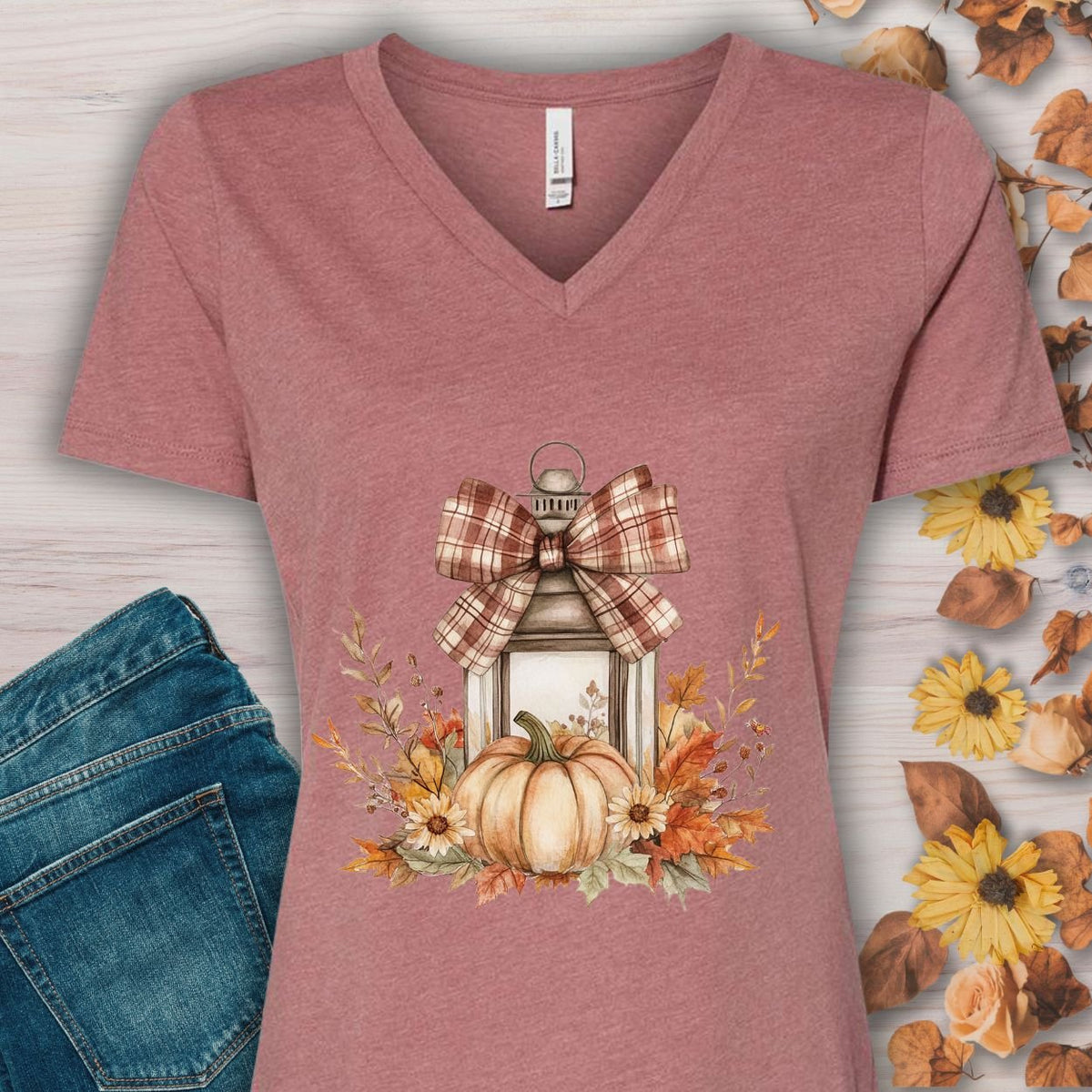 Autumn Lantern & Pumpkin V-Neck Tee