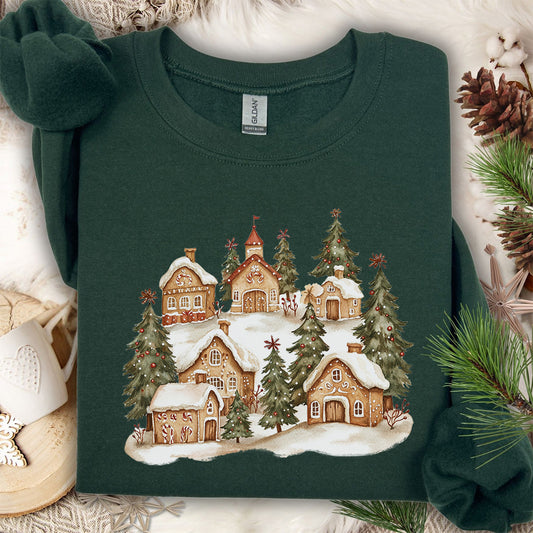 Snowy Holiday Gingerbread Village Sweatshirt