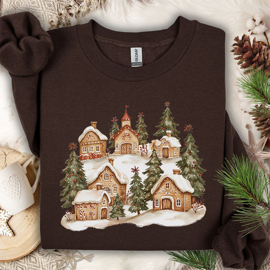 Snowy Holiday Gingerbread Village Sweatshirt