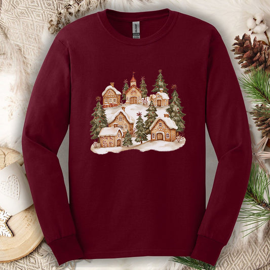 Snowy Gingerbread Village Long Sleeve Tee