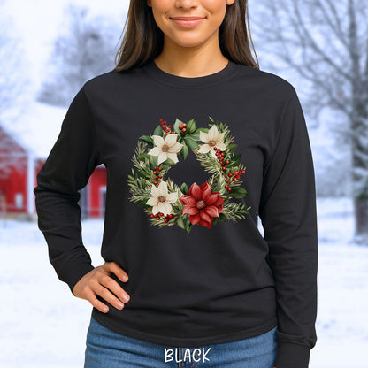 Holiday Poinsettia Wreath Long Sleeve Tee