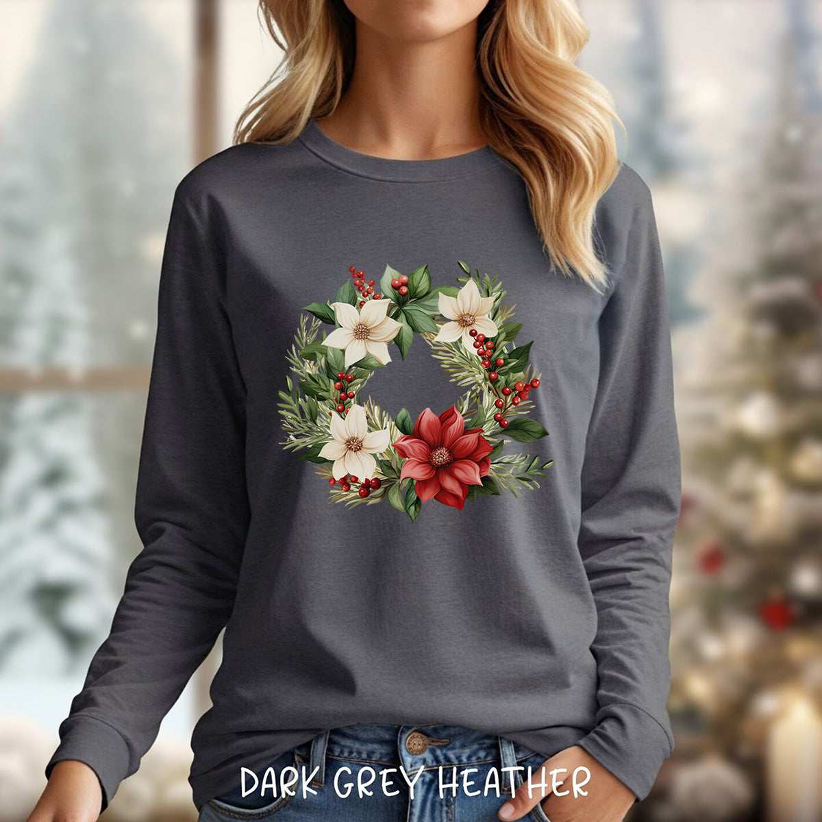Holiday Poinsettia Wreath Long Sleeve Tee