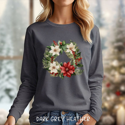 Holiday Poinsettia Wreath Long Sleeve Tee