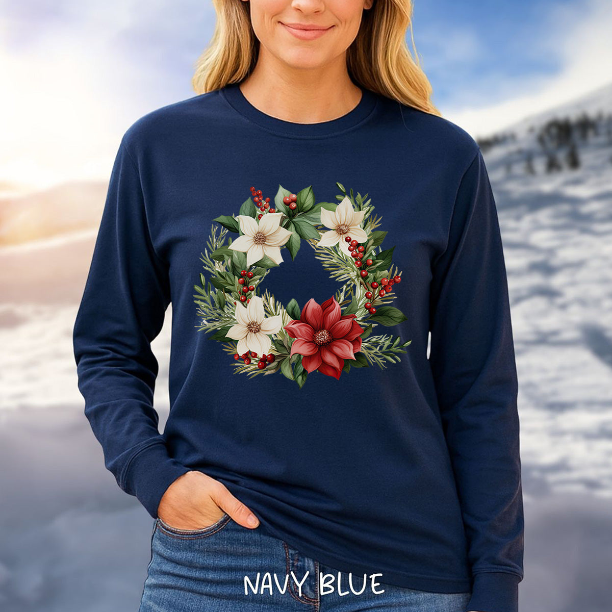 Holiday Poinsettia Wreath Long Sleeve Tee