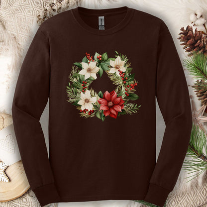Holiday Poinsettia Wreath Long Sleeve Tee