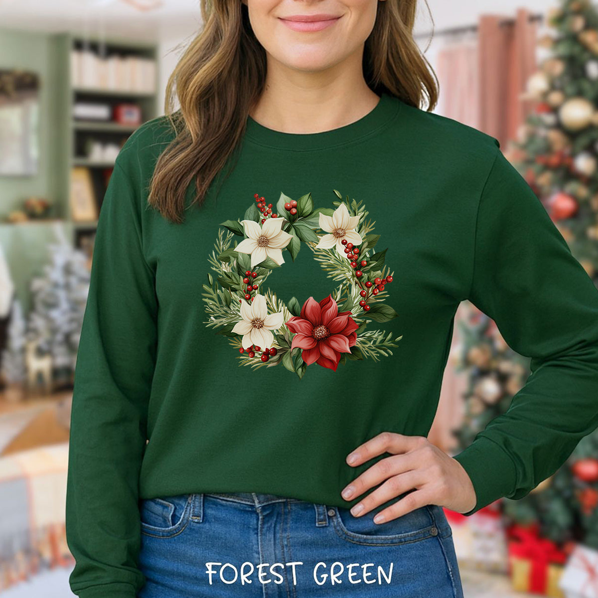 Holiday Poinsettia Wreath Long Sleeve Tee