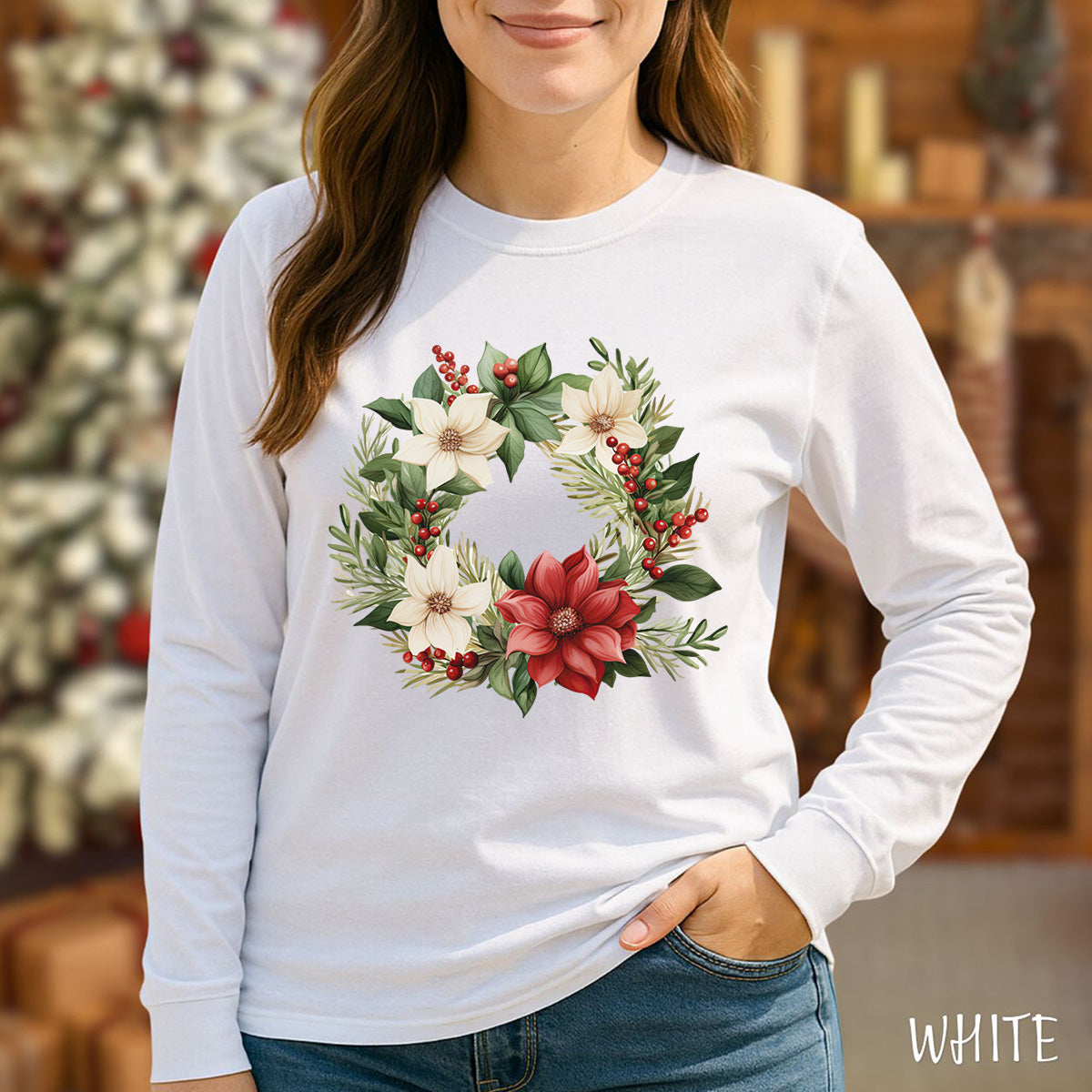Holiday Poinsettia Wreath Long Sleeve Tee