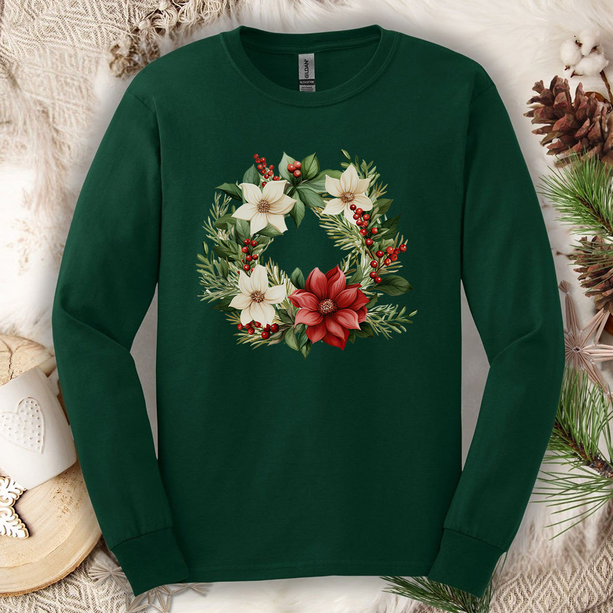 Holiday Poinsettia Wreath Long Sleeve Tee