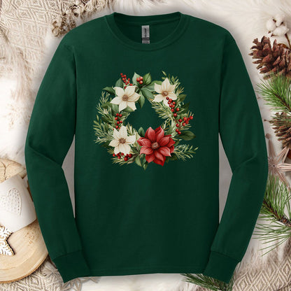 Holiday Poinsettia Wreath Long Sleeve Tee