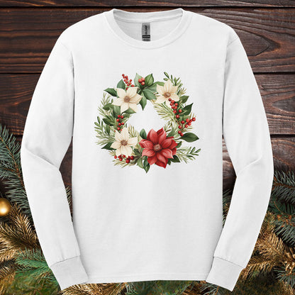 Holiday Poinsettia Wreath Long Sleeve Tee