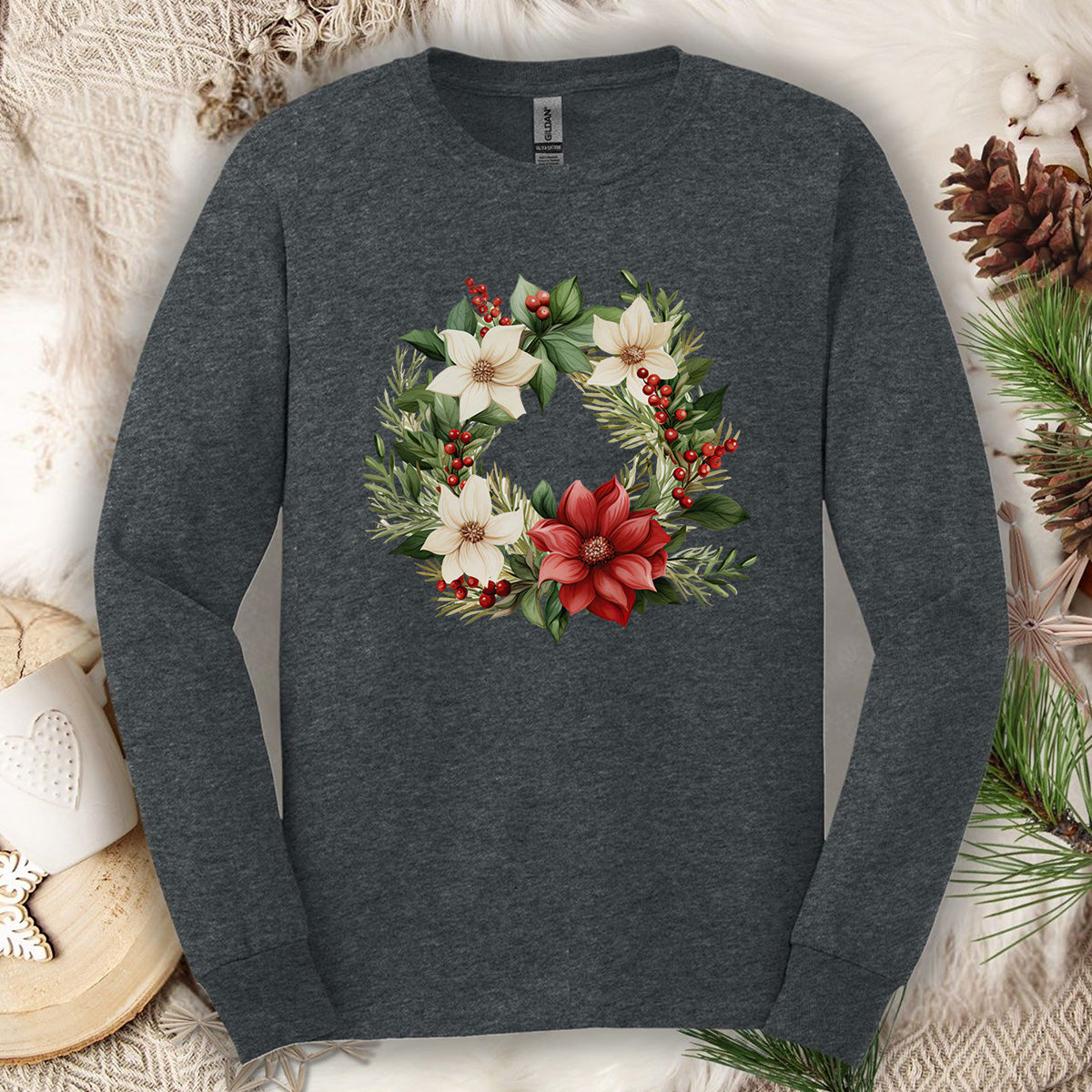 Holiday Poinsettia Wreath Long Sleeve Tee