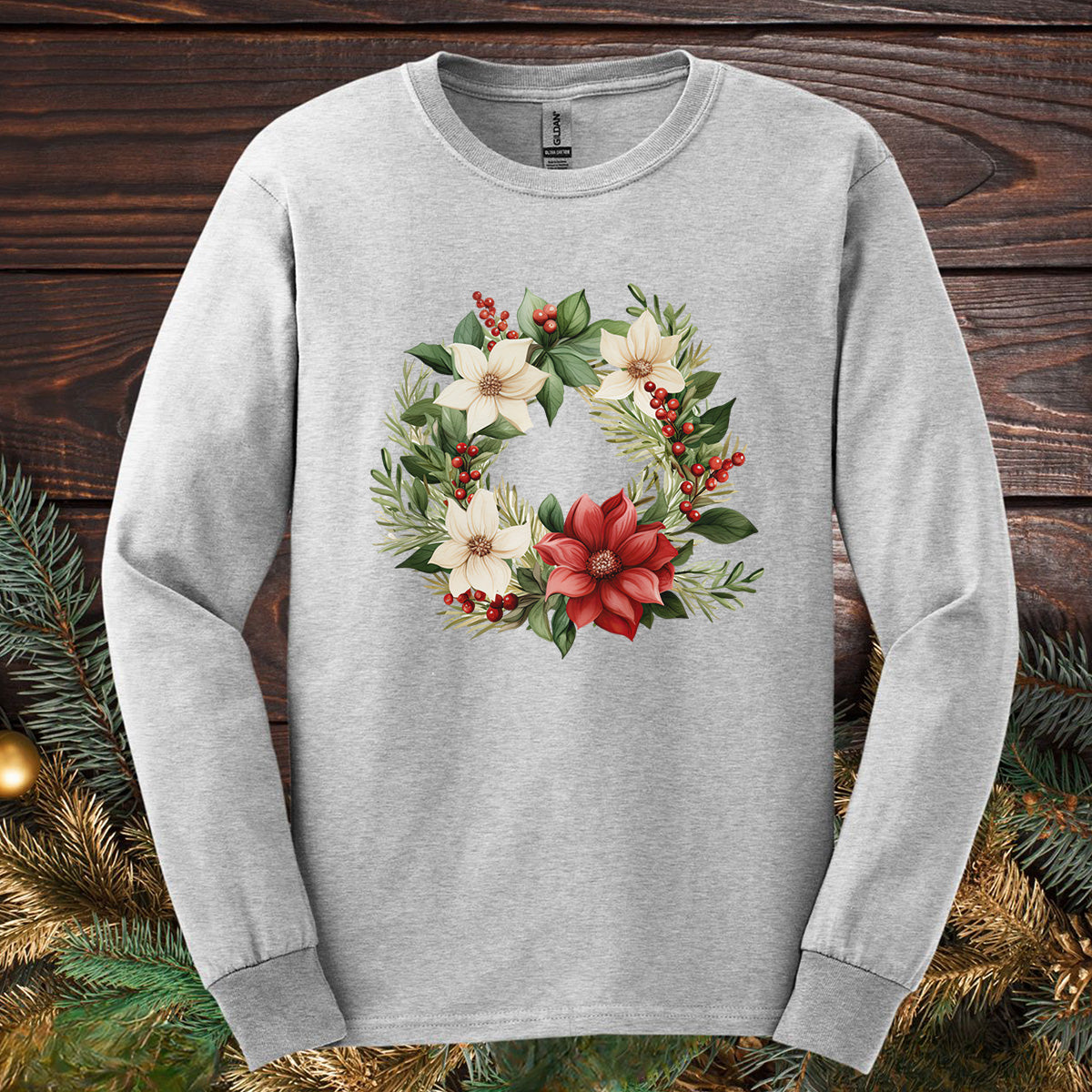 Holiday Poinsettia Wreath Long Sleeve Tee