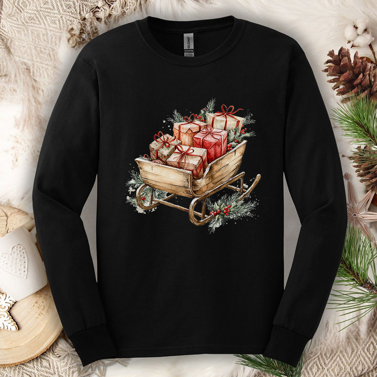 Rustic Christmas Sleigh Long Sleeve Tee