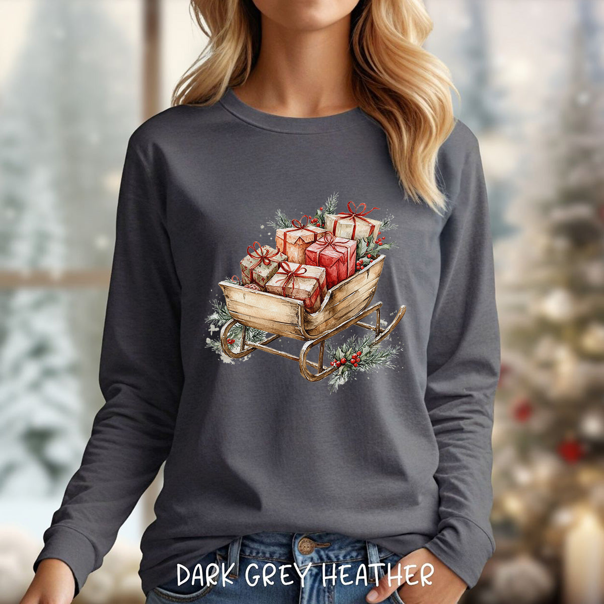Rustic Christmas Sleigh Long Sleeve Tee