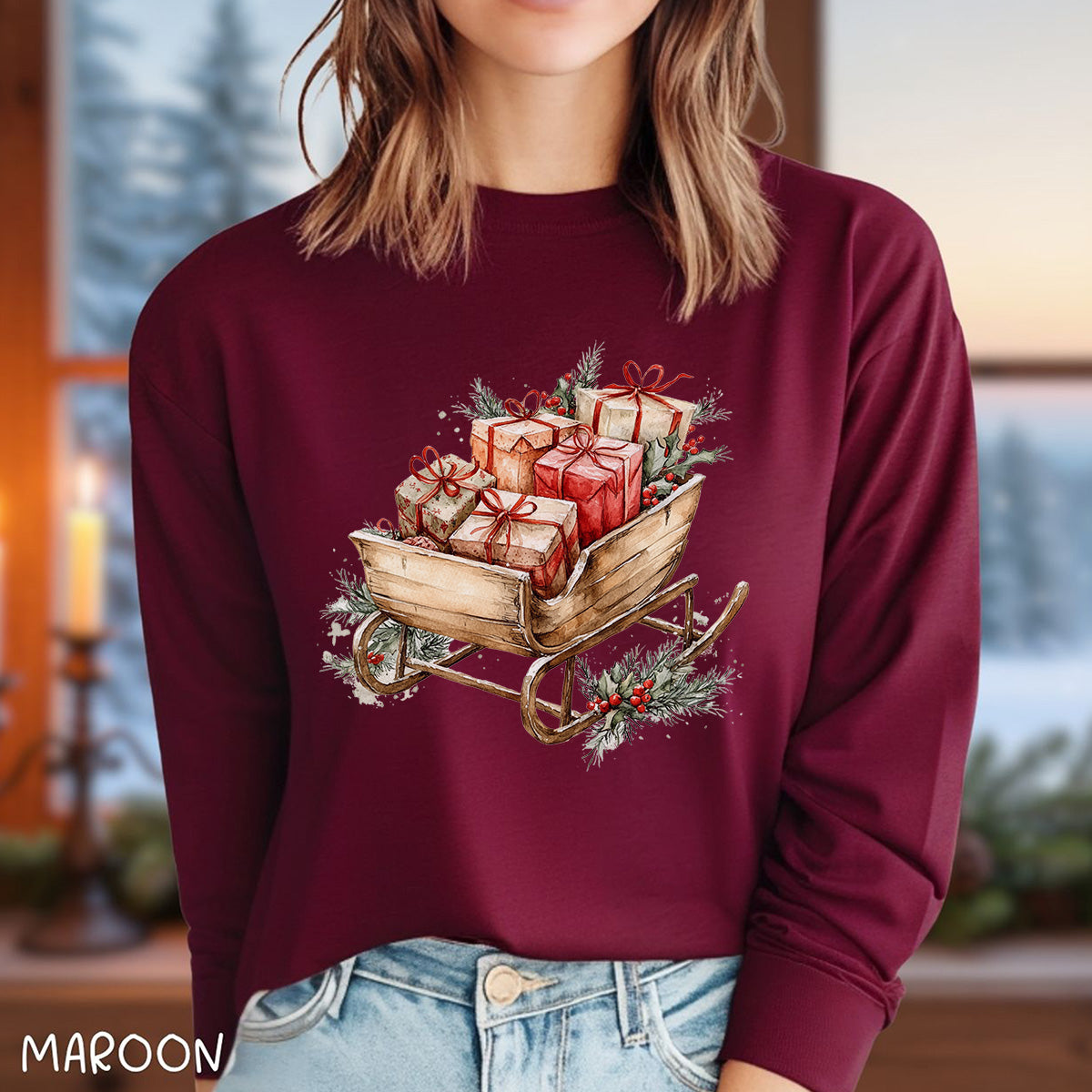Rustic Christmas Sleigh Long Sleeve Tee