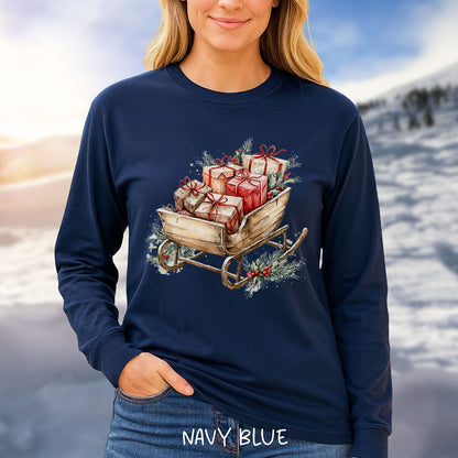Rustic Christmas Sleigh Long Sleeve Tee