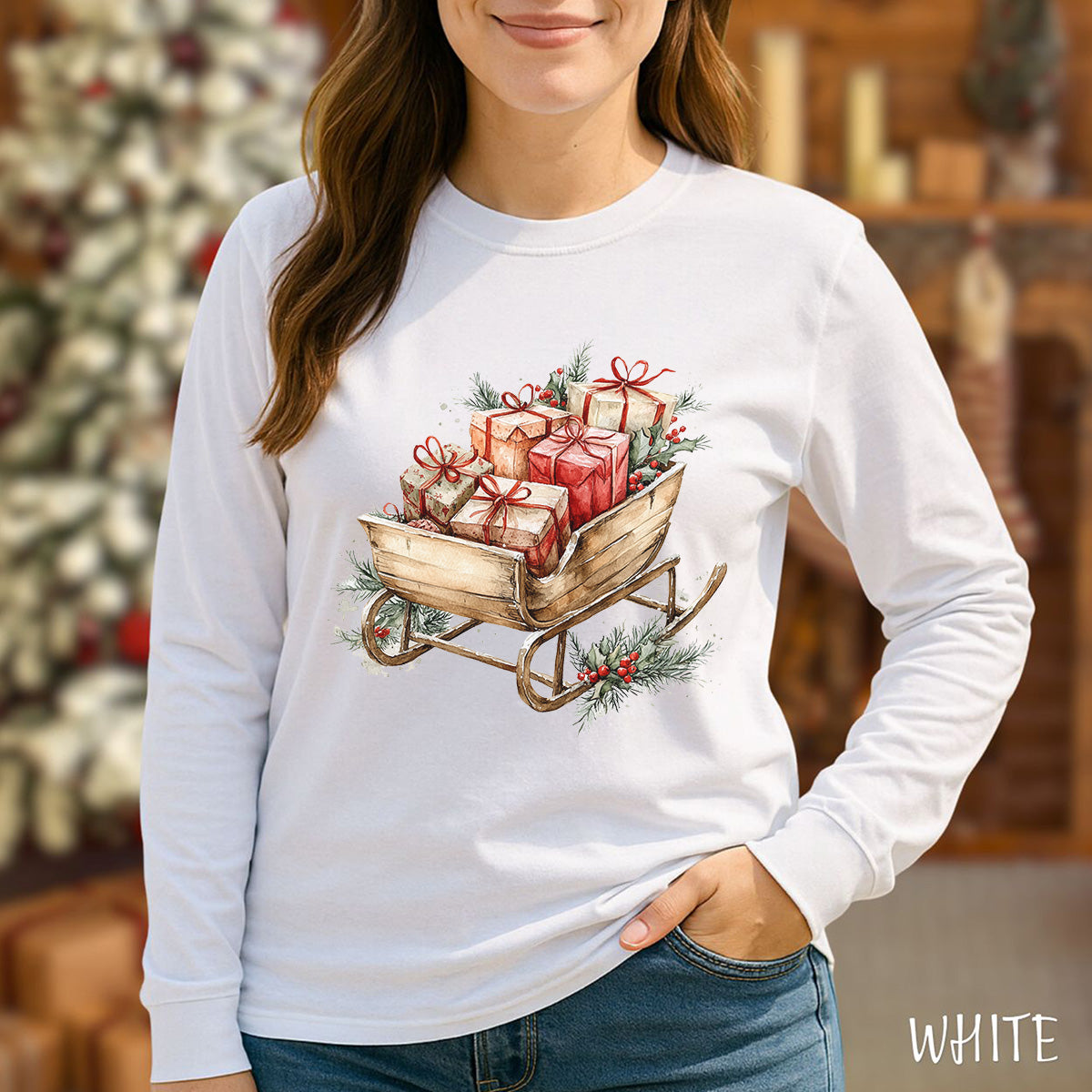 Rustic Christmas Sleigh Long Sleeve Tee