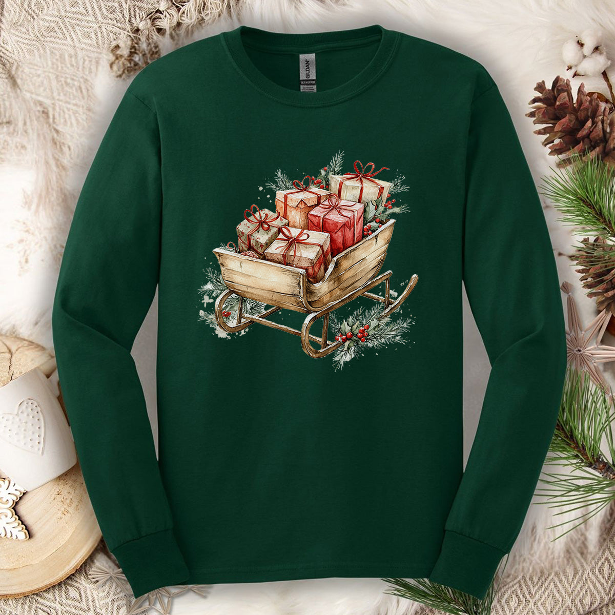 Rustic Christmas Sleigh Long Sleeve Tee