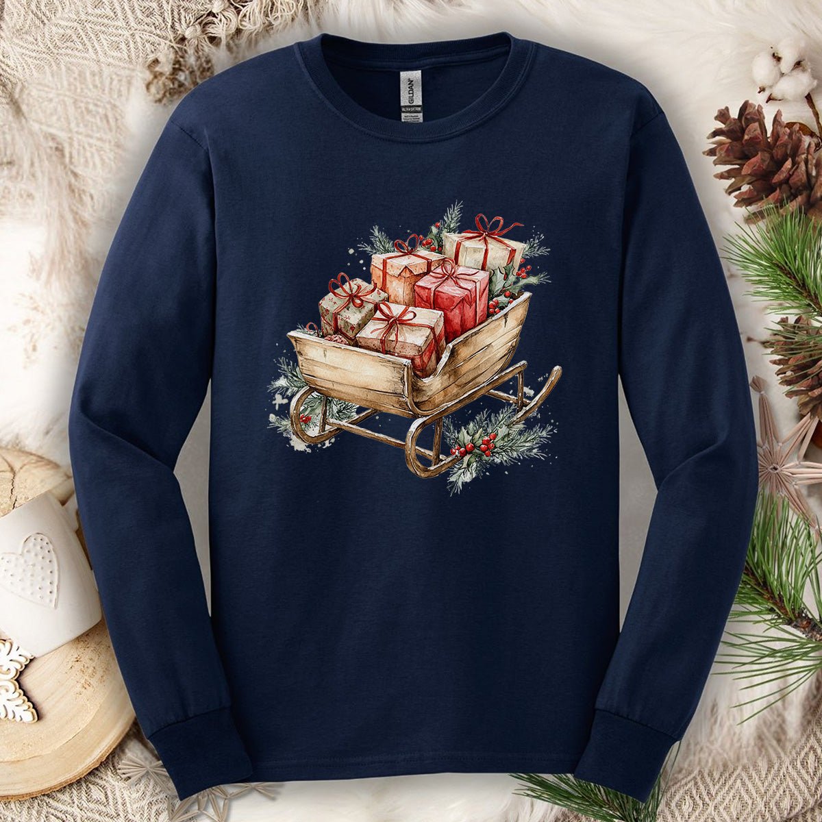 Rustic Christmas Sleigh Long Sleeve Tee