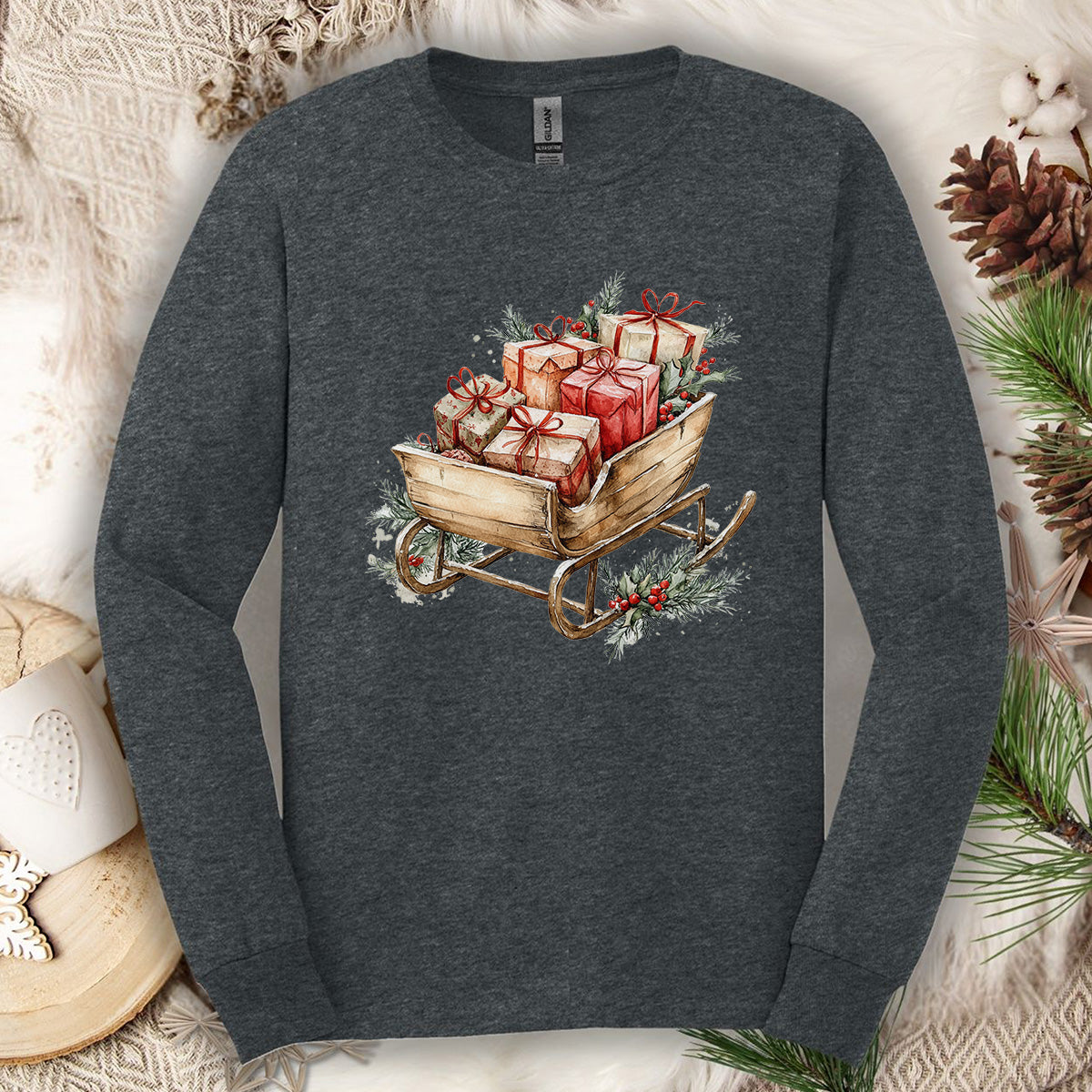 Rustic Christmas Sleigh Long Sleeve Tee