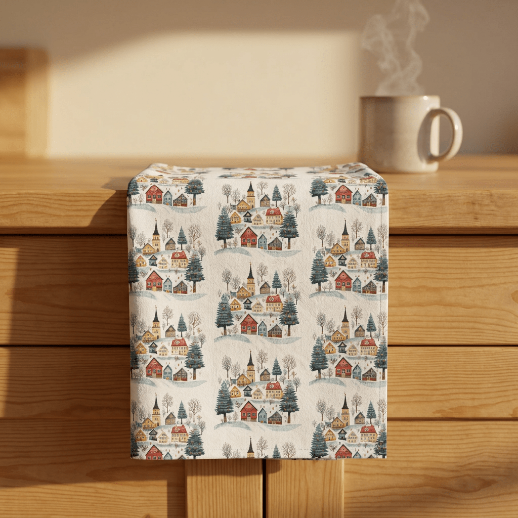 Nordic Winter Village Tea Towel