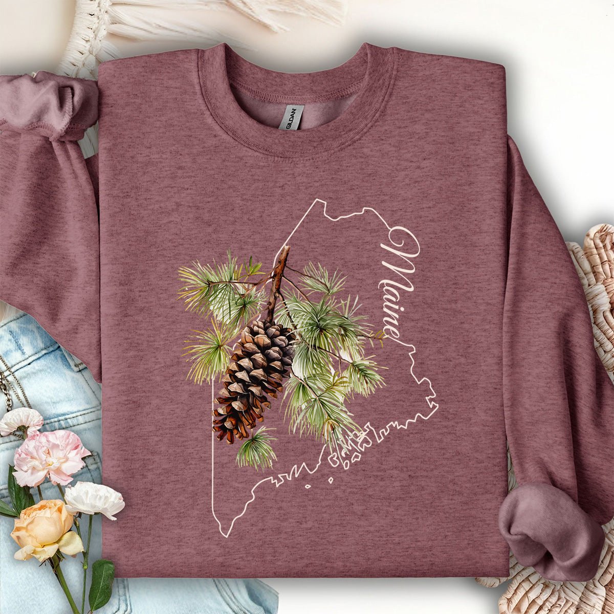 Maine State Flower Sweatshirt - White Pine & Tassle