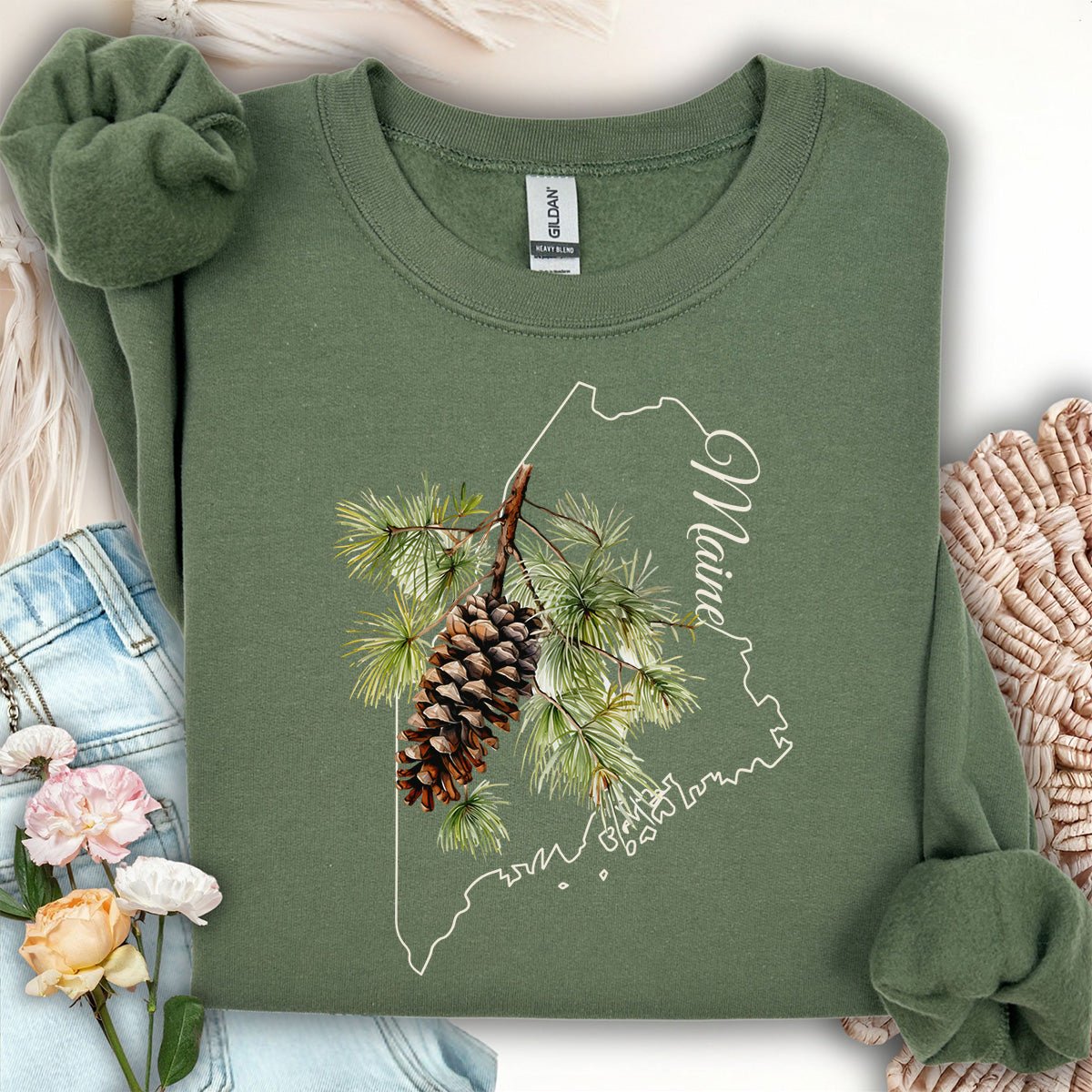 Maine State Flower Sweatshirt - White Pine & Tassle