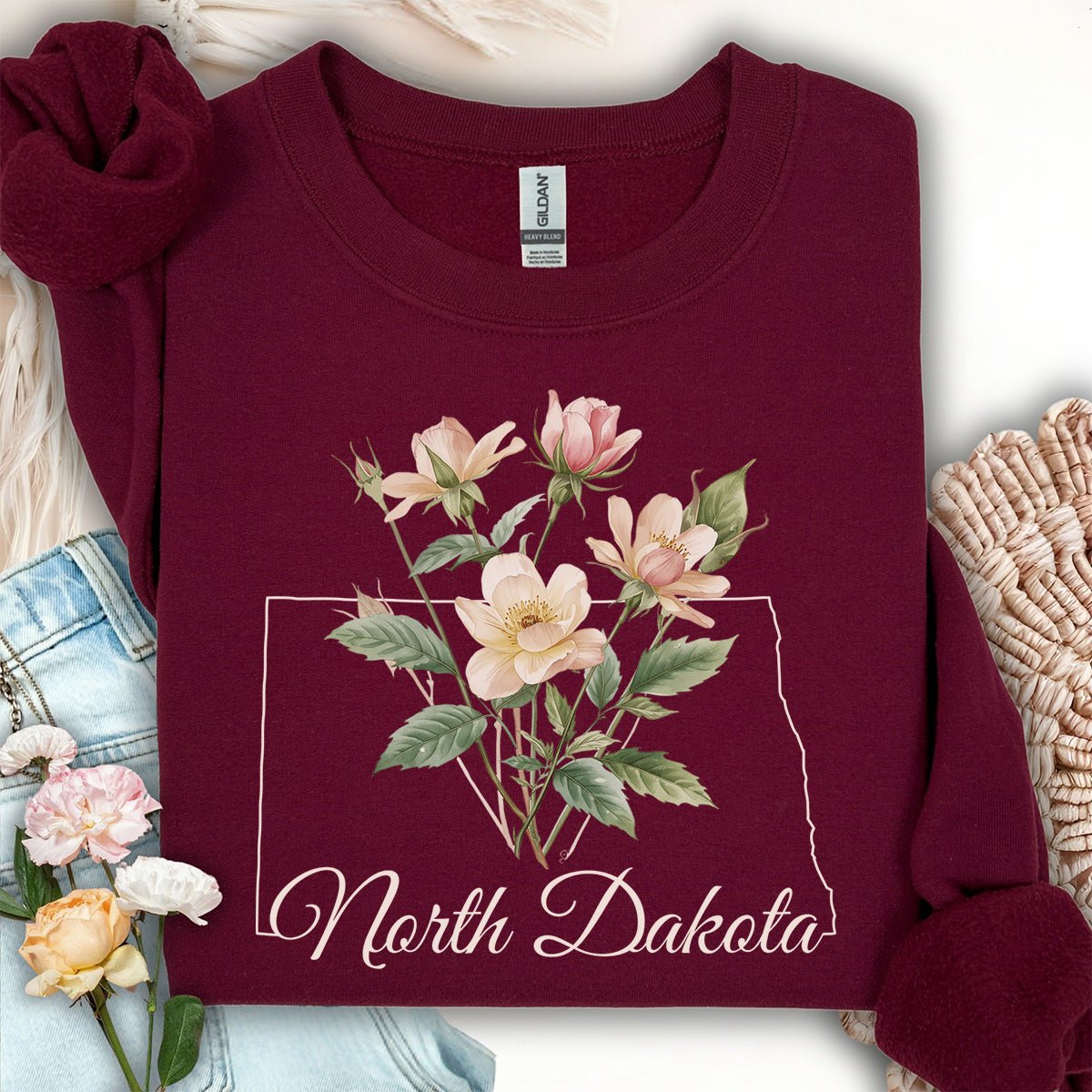 North Dakota State Flower Sweatshirt - Wild Prairie Rose