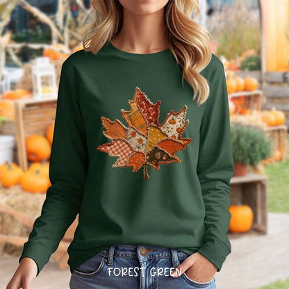 Faux Patchwork Autumn Leaf Long Sleeve Tee