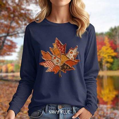 Faux Patchwork Autumn Leaf Long Sleeve Tee