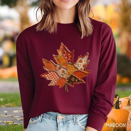 Faux Patchwork Autumn Leaf Long Sleeve Tee