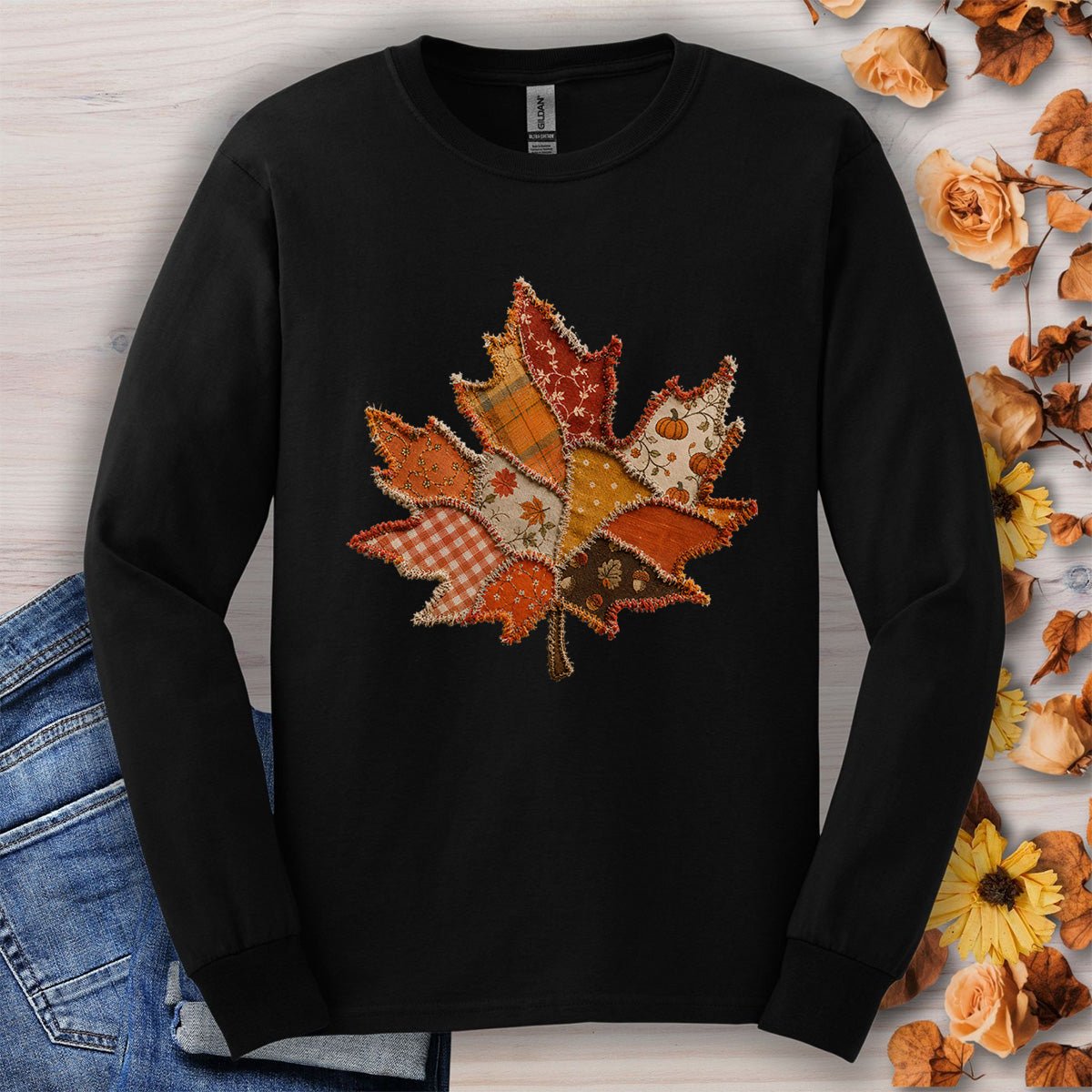 Faux Patchwork Autumn Leaf Long Sleeve Tee