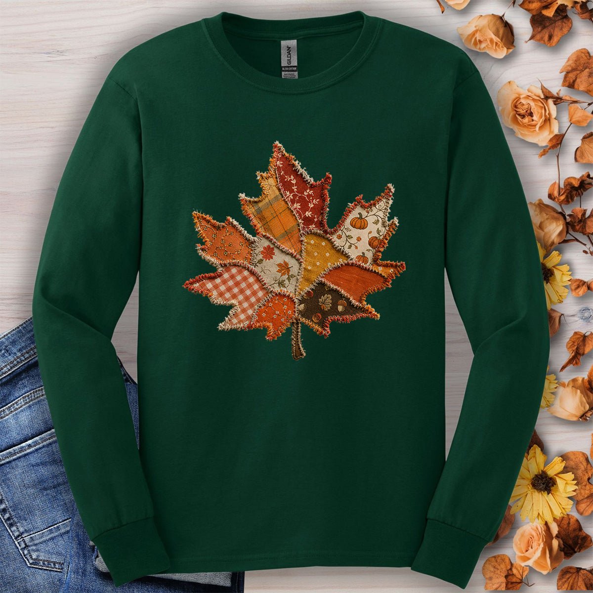 Faux Patchwork Autumn Leaf Long Sleeve Tee